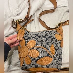 Coach Bleecker denim floral duffle whiskey leather 11781